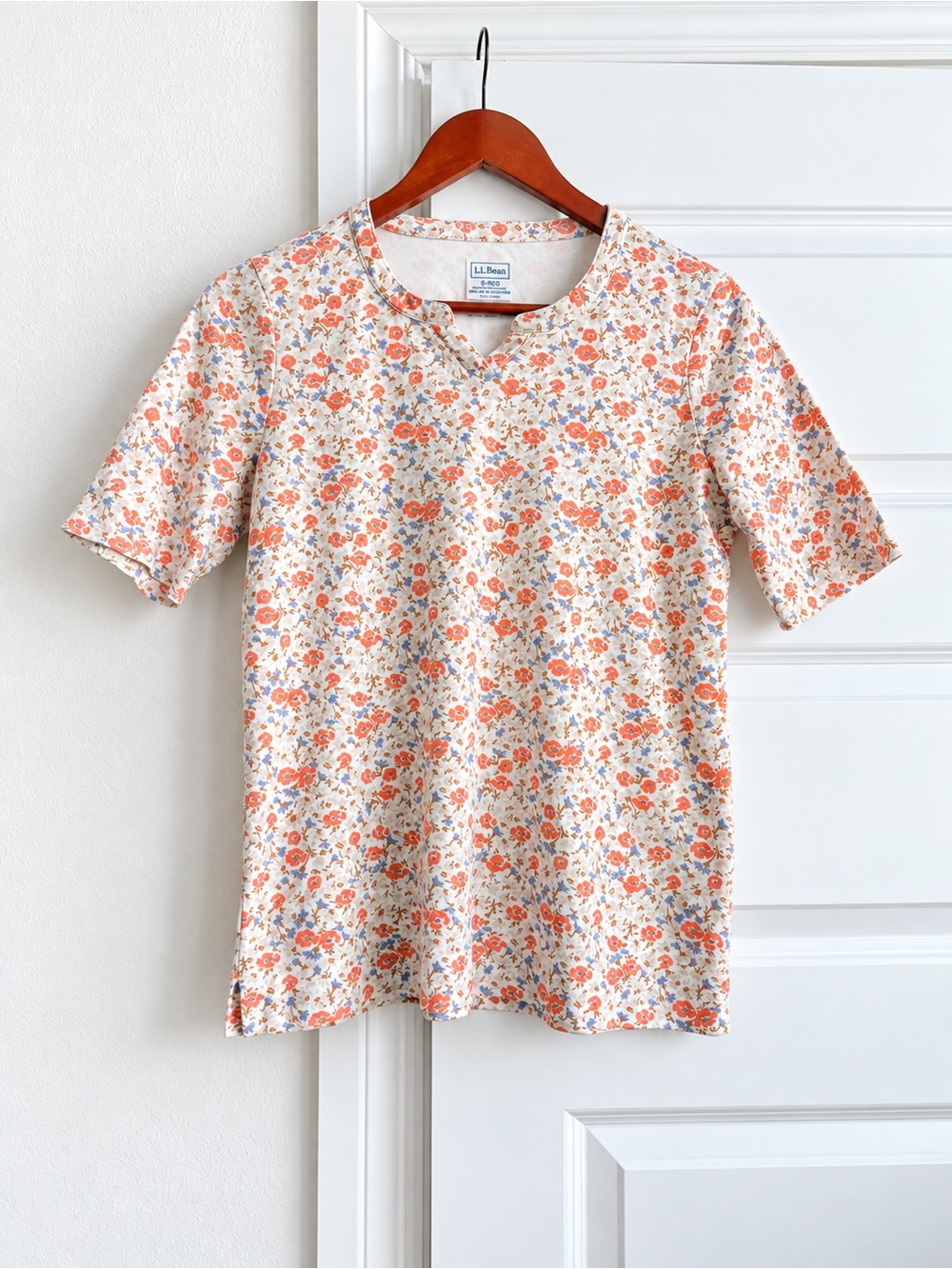 L.L.Bean Supima Cotton Floral Split Neck Top Small S Cottagecore Coastal